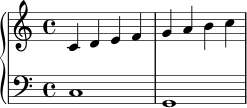\version "2.18.2"
\header { tagline = "" }
\score {
\new PianoStaff <<
\new Staff \relative c' { \clef treble \key c \major \time 4/4 c4 d e f | g a b c | }
\new Staff \relative c { \clef bass \key c \major \time 4/4 c1 | g | }
>>
\layout { }
\midi { \tempo 4 = 72 }
}