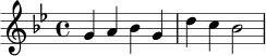 \relative c'' {
\key g \minor
\time 4/4
g4 a bes g
d'4 c bes2
}