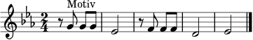 \relative c'' {
\clef treble
\key c \minor
\time 2/4
r8 g^\markup { Motiv } g g | es2 |
r8 f f f | d2 |
es2 \bar "|."
}