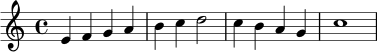 \relative c' {
\key c \major
\time 4/4
e4 f g a | b4 c d2 | c4 b a g | c1
}