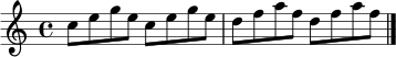 \relative c'' { \time 4/4 c8 e g e c e g e d f a f d f a f \bar "|." }