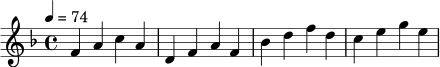 \relative c' {
\key f \major
\time 4/4
\tempo 4 = 74
f4 a c a | d, f a f | bes d f d | c e g e |
}