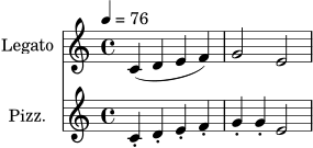 \version "2.24.0"
\score {
<<
\new Staff \with { instrumentName = "Legato" } \relative c' {
\tempo 4 = 76
c4( d e f) | g2 e |
}
\new Staff \with { instrumentName = "Pizz." } \relative c' {
c4-. d-. e-. f-. | g4-. g-. e2 |
}
>>
\layout { }
\midi { }
}