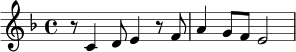 \relative c' {
\key f \major
\time 4/4
r8 c4 d8 e4 r8 f8 | a4 g8 f8 e2 |
}