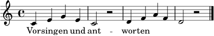 \relative c' {
\key c \major
\time 4/4
c4 e g e | c2 r2 | d4 f a f | d2 r2 \bar "|."
}
\addlyrics { Vor -- sing -- en und ant -- wor -- ten }
