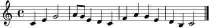 \relative c' { \clef treble \key c \major \time 4/4 c4 e g2 | a8 g e4 d c | f4 a g e | d4 b c2 \bar "|." }