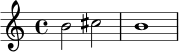 \relative c'' {
\clef treble
\time 4/4
b2 cis2 | b1
}