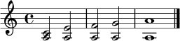 \relative c' {
\key a \minor
\time 4/4
<a c>2 <a e'>2 | <a f'>2 <a g'>2 | <a a'>1
\bar "|."
}