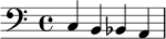 
\version "2.24.0"
\relative c {
  \clef bass
  \time 4/4
  c4 b bes a
}
