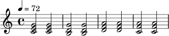 \relative c' {
\key c \major
\time 4/4
\tempo 4 = 72
<c e g>2 <c e g> |
<b d g>2 <b d g> |
<d f a>2 <d f a> |
<c f a>2 <c f a> |
}