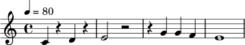\relative c' {
\tempo 4 = 80
\clef treble
\time 4/4
c4 r d r | e2 r2 | r4 g g f | e1
}
