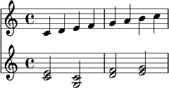 \score {
<<
\new Staff \relative c' { \clef treble \time 4/4 c4 d e f | g a b c | }
\new Staff \relative c' { \clef treble <c e>2 <c g> | <d f> <e g> | }
>>
\layout { }
\midi { \tempo 4 = 84 }
}