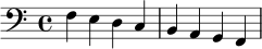 
{
  \clef bass
  \time 4/4
  f4 e d c | b, a, g, f,
}
