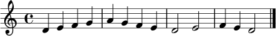 \relative c' { \key d \dorian \time 4/4 d4 e f g | a g f e | d2 e | f4 e d2 \bar "|." }