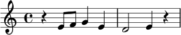 \relative c' {
\time 4/4
\key c \major
r4 e8 f g4 e |
d2 e4 r |
}