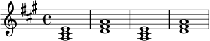 \relative c' {
\key a \major
\time 4/4
<a cis e>1 |
<d fis a>1 |
<a cis e>1 |
<d fis a>1 |
}