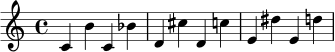 { c'4 b' c' bes' d' cis'' d' c'' e' dis'' e' d'' }