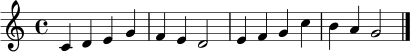 \relative c' {
\clef treble
\time 4/4
c4 d e g | f e d2 | e4 f g c | b a g2 \bar "|."
}