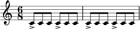 \relative c' {
\time 6/8
c8-> c c c-> c c |
c8-> c c c-> c c |
}