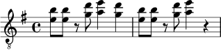 \relative c' {
\clef "treble_8"
\set Staff.midiInstrument = "distorted guitar"
\time 4/4
\key e \minor
<e b'>8 <e b'> r <g d'> <a e'>4 <g d'> |
<e b'>8 <e b'> r <g d'> <a e'>4 r4 |
}