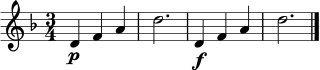 \relative c' { \key d \minor \time 3/4 \p d4 f a | d2. | \f d,4 f a | d2. \bar "|." }