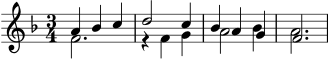 \version "2.24.0"
\score {
\new Staff <<
\new Voice = "oben" \relative c'' {
\voiceOne
\key f \major
\time 3/4
a4 bes c | d2 c4 | bes a g | f2.
}
\new Voice = "unten" \relative c' {
\voiceTwo
f2. | r4 f g | a2 bes4 | a2.
}
>>
\layout { }
\midi { }
}