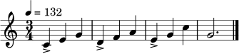 \version "2.24.0"
\relative c' {
\key c \major
\time 3/4
\tempo 4 = 132
c4-> e g |
d4-> f a |
e4-> g c |
g2. \bar "|."
}