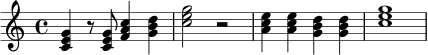 \relative c' { \time 4/4 <c e g>4 r8 <c e g>8 <f a c>4 <g b d>4 | <c e g>2 r2 | <a c e>4 <a c e> <g b d> <g b d> | <c e g>1 | }