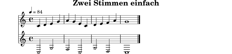 
X:10
T:Zwei Stimmen einfach
M:4/4
L:1/4
Q:1/4=84
K:C
V:1 name="Melodie"
V:2 name="Begleitung"
[V:1] C D E G | A G E C | D E F A | G4 |]
[V:2] C,2 G,2 | F,2 C,2 | G,2 D,2 | C,4 |]
