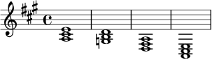 
\relative c' {
  \key a \major
  \time 4/4
  <a cis e>1 | <g b d>1 | <d fis a>1 | <a cis e>1
}
