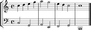 \new StaffGroup <<
\new Staff \relative c'' { \set Staff.midiInstrument = "flute" \time 4/4 c4 d e g | a2 g | e4 d c2 | c1 \bar "|." }
\new Staff \relative c { \set Staff.midiInstrument = "cello" \clef bass c2 g | a e | f g | c,1 \bar "|." }
>>