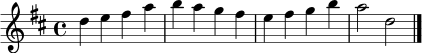 \relative c'' { \key d \major \time 4/4 d4 e fis a | b a g fis | e fis g b | a2 d, \bar "|." }