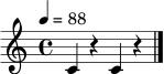 \relative c' {
\time 4/4
\tempo 4 = 88
c4 r4 c4 r4 \bar "|."
}