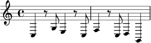 \relative c {
\key c \major
\time 4/4
c4 r8 g'8 e4 r8 c8 | f4 r8 c8 d4 g,4
}