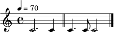 \relative c' { \tempo 4=70 \time 4/4 c2. c4 \bar "||" c4. c8 c2 \bar "|." }