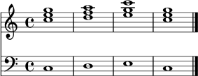 \version "2.24.0"
\score {
<<
\new Staff \relative c'' {
\set Staff.midiInstrument = "church organ"
\clef treble
\key c \major
\time 4/4
<c e g>1 | <d f a>1 | <e g c>1 | <c e g>1 \bar "|."
}
\new Staff \relative c {
\set Staff.midiInstrument = "church organ"
\clef bass
\key c \major
\time 4/4
c1 | d | e | c \bar "|."
}
>>
\layout { }
\midi { \tempo 4 = 60 }
}