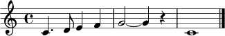 \relative c' { \clef treble \time 4/4 c4. d8 e4 f4 | g2~ g4 r4 | c,1 \bar "|." }