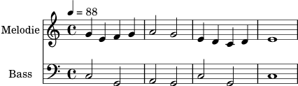 \header { tagline = ##f }
\score {
<<
\new Staff \with { instrumentName = "Melodie" } \relative c'' {
\tempo 4 = 88
\clef treble
\key c \major
\time 4/4
g4 e f g | a2 g | e4 d c d | e1
}
\new Staff \with { instrumentName = "Bass" } \relative c {
\clef bass
\key c \major
\time 4/4
c2 g | a2 g | c2 g | c1
}
>>
\layout { }
\midi { }
}