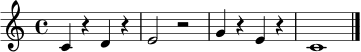 \relative c' {
\clef treble
\time 4/4
c4 r d r | e2 r2 | g4 r e r | c1 \bar "|."
}