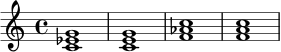 \relative c' {
\time 4/4
<c ees g>1 |
<c e g>1 |
<f aes c>1 |
<f a c>1
}