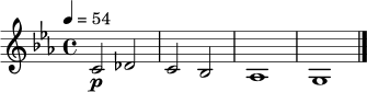 \relative c' { \set Staff.midiInstrument = "contrabass" \time 4/4 \key c \minor \tempo 4 = 54 c2\p des | c2 bes | aes1 | g1 \bar "|." }