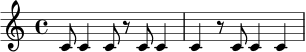 \relative c' {
\time 4/4
c8 c4 c8 r8 c8 c4 | c4 r8 c c4 c
}