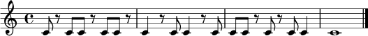 \relative c' {
\time 4/4
c8 r c c r c c r | c4 r8 c c4 r8 c | c8 c r c r c c4 | c1 \bar "|."
}