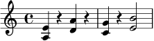 
\relative c' {
  \time 4/4
  <a e'>4 r <d a'> r |
  <c g'>4 r <e b'>2 |
}
