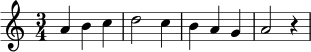\relative c'' { \clef treble \key a \minor \time 3/4 a4 b c | d2 c4 | b a g | a2 r4 | }