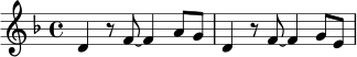 \version "2.24.0"
\relative c' {
\key d \minor
\time 4/4
d4 r8 f8~ f4 a8 g |
d4 r8 f8~ f4 g8 e |
}