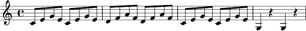 \relative c' { \time 4/4 c8 e g e c e g e | d f a f d f a f | c8 e g e c e g e | g,4 r g r | }