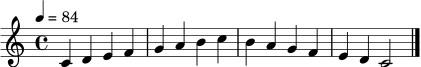 \relative c' {
\key c \major
\time 4/4
\tempo 4 = 84
c4 d e f | g a b c | b a g f | e d c2 \bar "|."
}