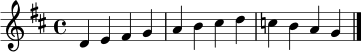 \relative c' {
\clef treble
\key d \major
\time 4/4
d4 e fis g | a b cis d | c! b a g
\bar "|."
}