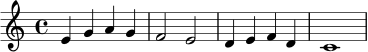 \version "2.22.0"
\header { tagline = ##f }
\relative c' {
\key c \major
\time 4/4
e4 g a g | f2 e2 | d4 e f d | c1
}